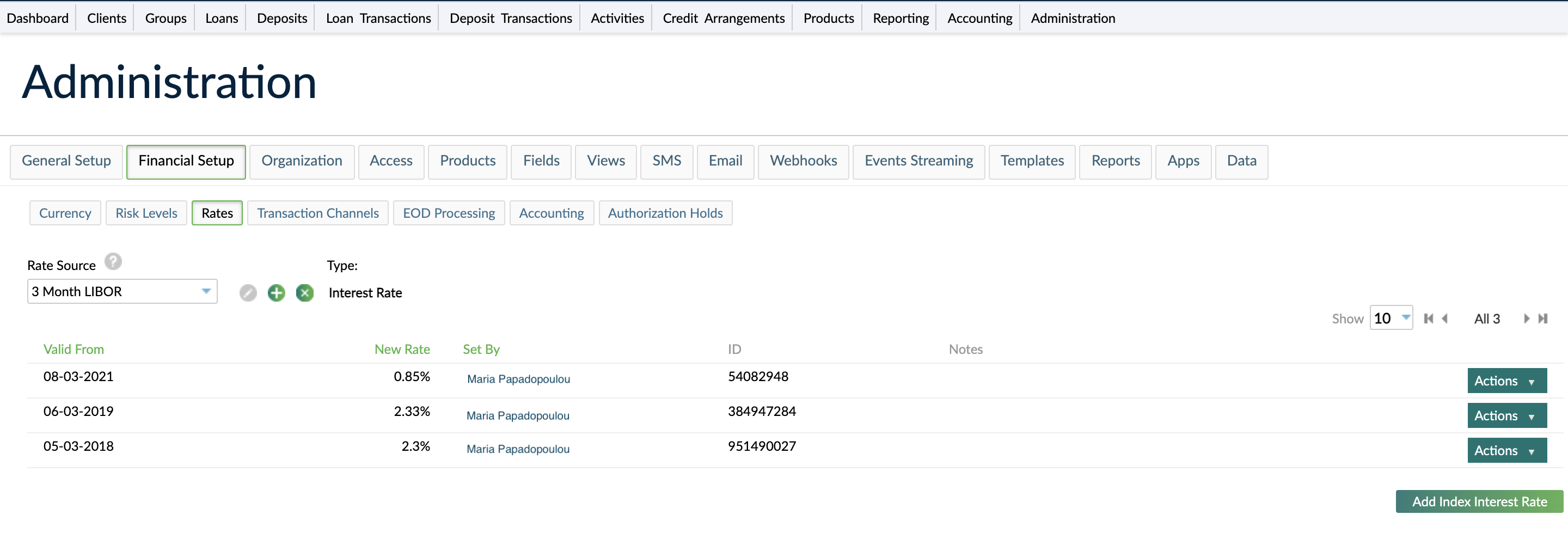 The Rates section under Administration > Financial Setup > Rates